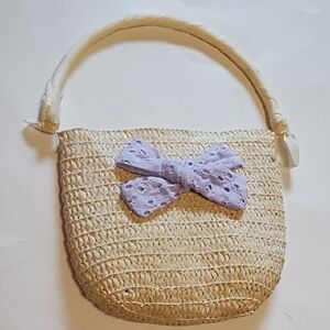 Woven Straw Bag with Lavender Cloth Bow